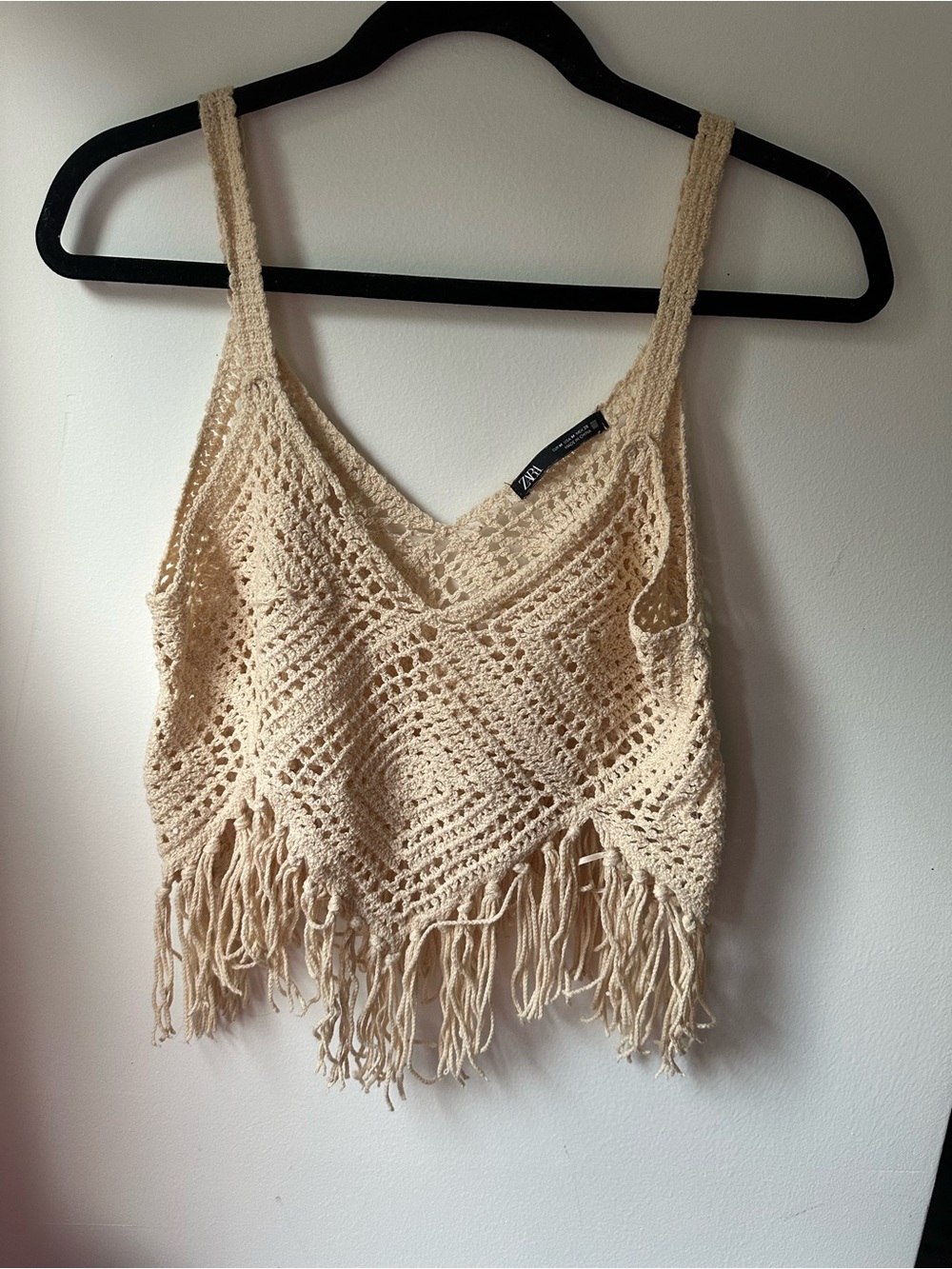 Zara Open-Knit Crochet Fringe Tank - Cream